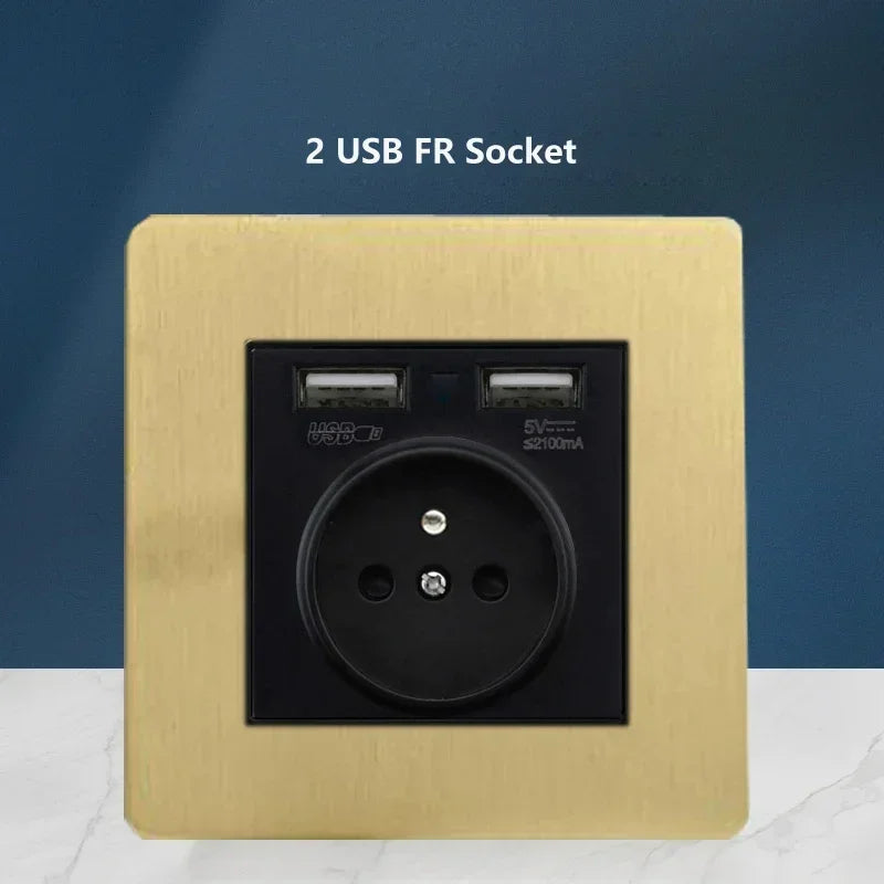 Wall Light Toggle Switch Gold Stainless Steel Panel 1-4 Gang 2 Way Switch EU Socket For Home