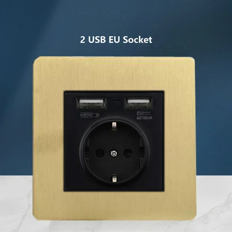 Wall Light Toggle Switch Gold Stainless Steel Panel 1-4 Gang 2 Way Switch EU Socket For Home